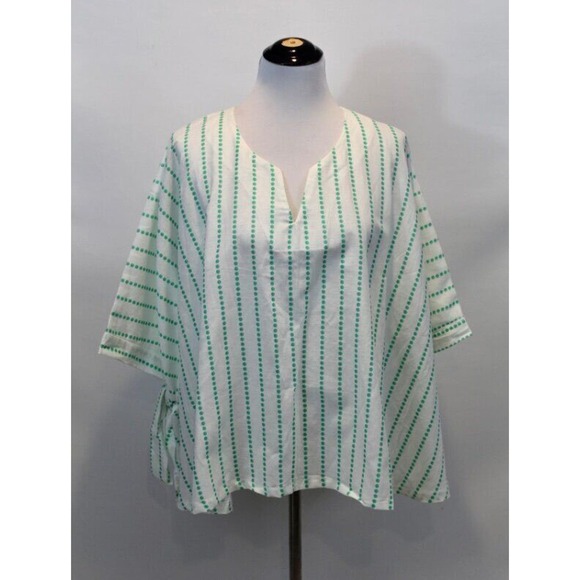 BROOKE WRIGHT OS S M L Green White Dotted Stripe Caftan Poncho NWT Cotton Linen - Picture 5 of 7
